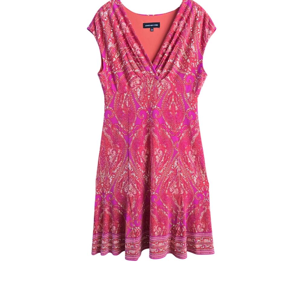 Jones New York Fit n Flare Dress Womens Size 8 Pink Midi V-Neck Floral